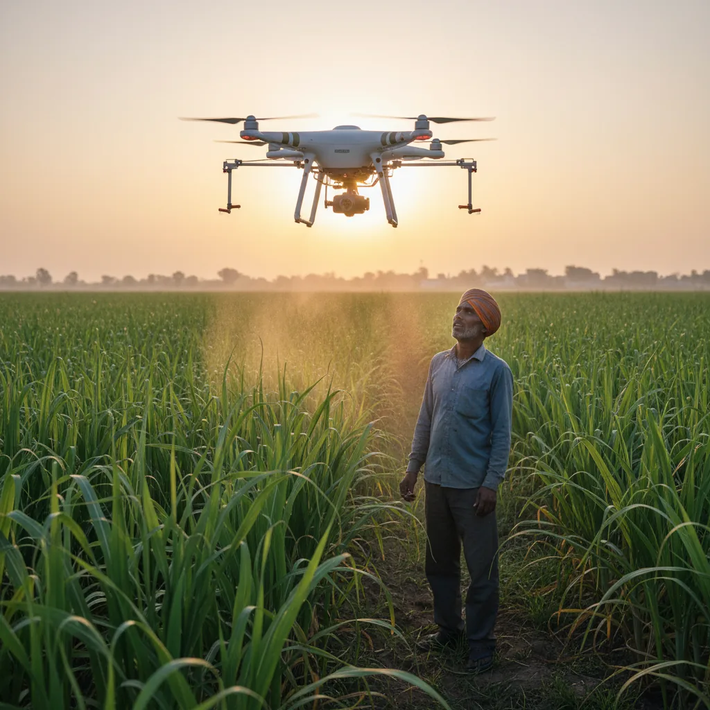 Indian farmer with agri-spray drone over sugarcane field at sunrise
