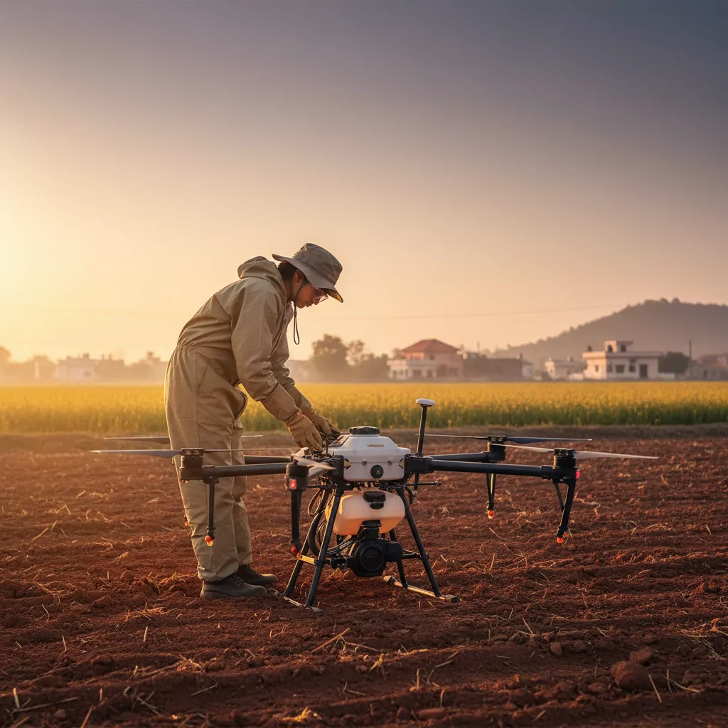 Woman drone operator in field PPE pre-flighting a hexacopter spray drone on rural farmland at golden hour