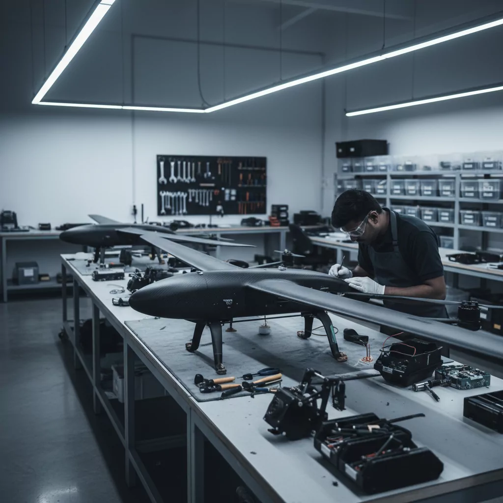 Make-in-India Theta drone assembly workshop — engineer working on a carbon-composite VTOL fixed-wing airframe