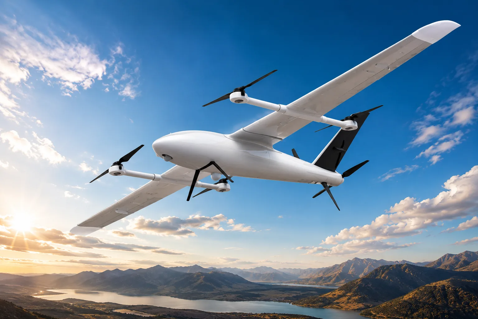 Theta Falcon — VTOL fixed-wing UAV in flight over Indian terrain