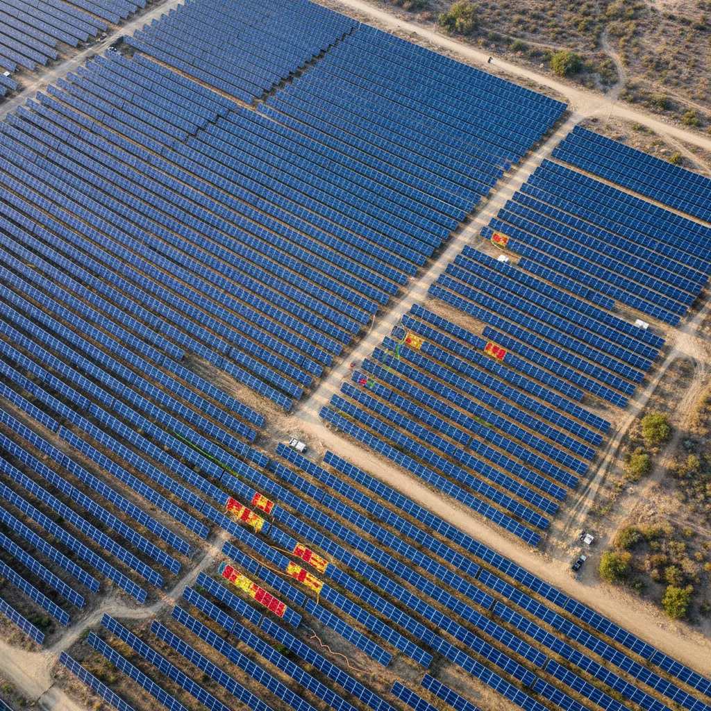 Aerial view of utility-scale solar PV farm with thermal hotspot markers