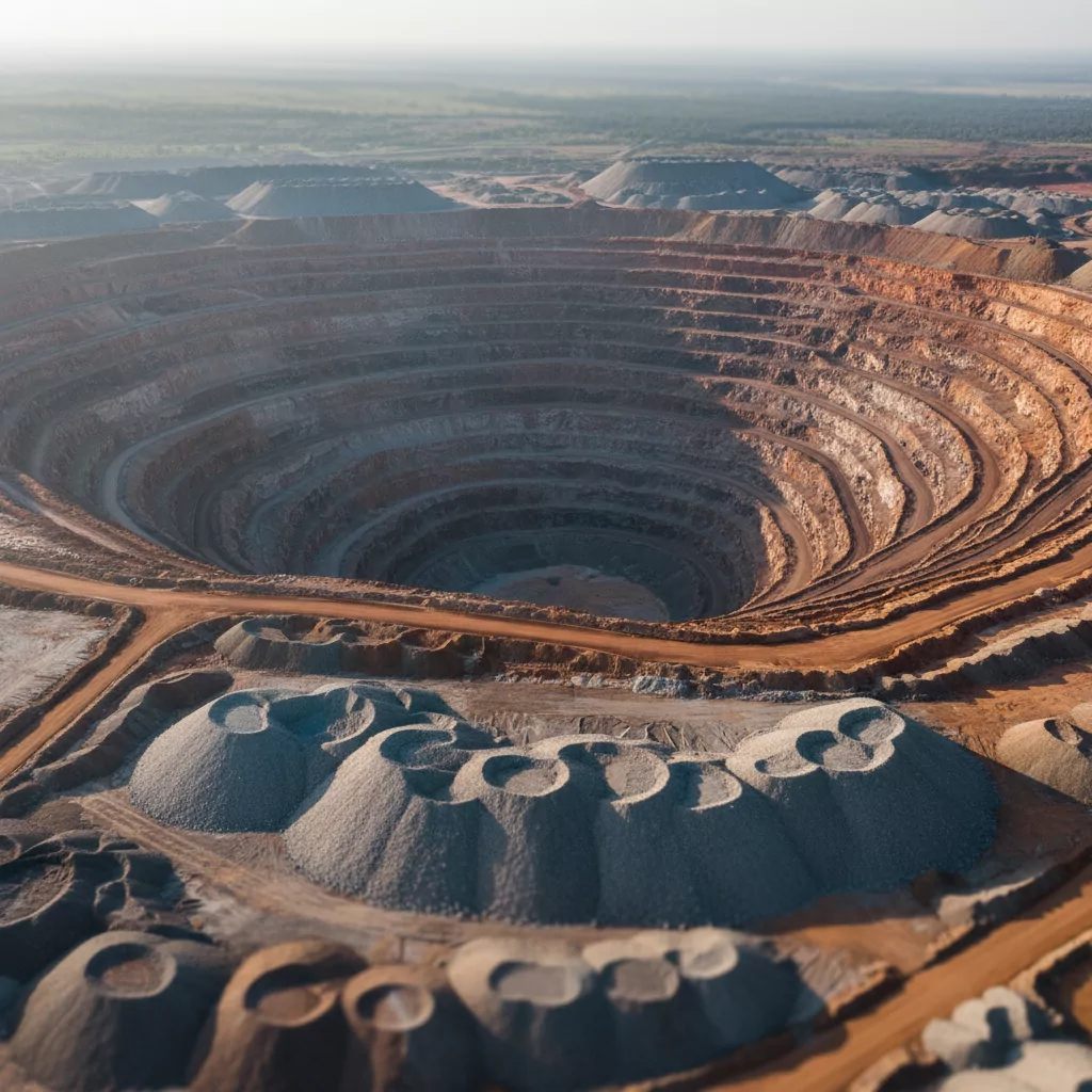 Aerial drone view of an Indian open-cast mining pit with bench-wall terraces and stockpile measurement