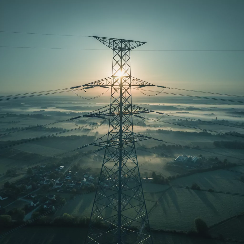 Aerial UAV inspection view of a high-tension transmission tower at dawn