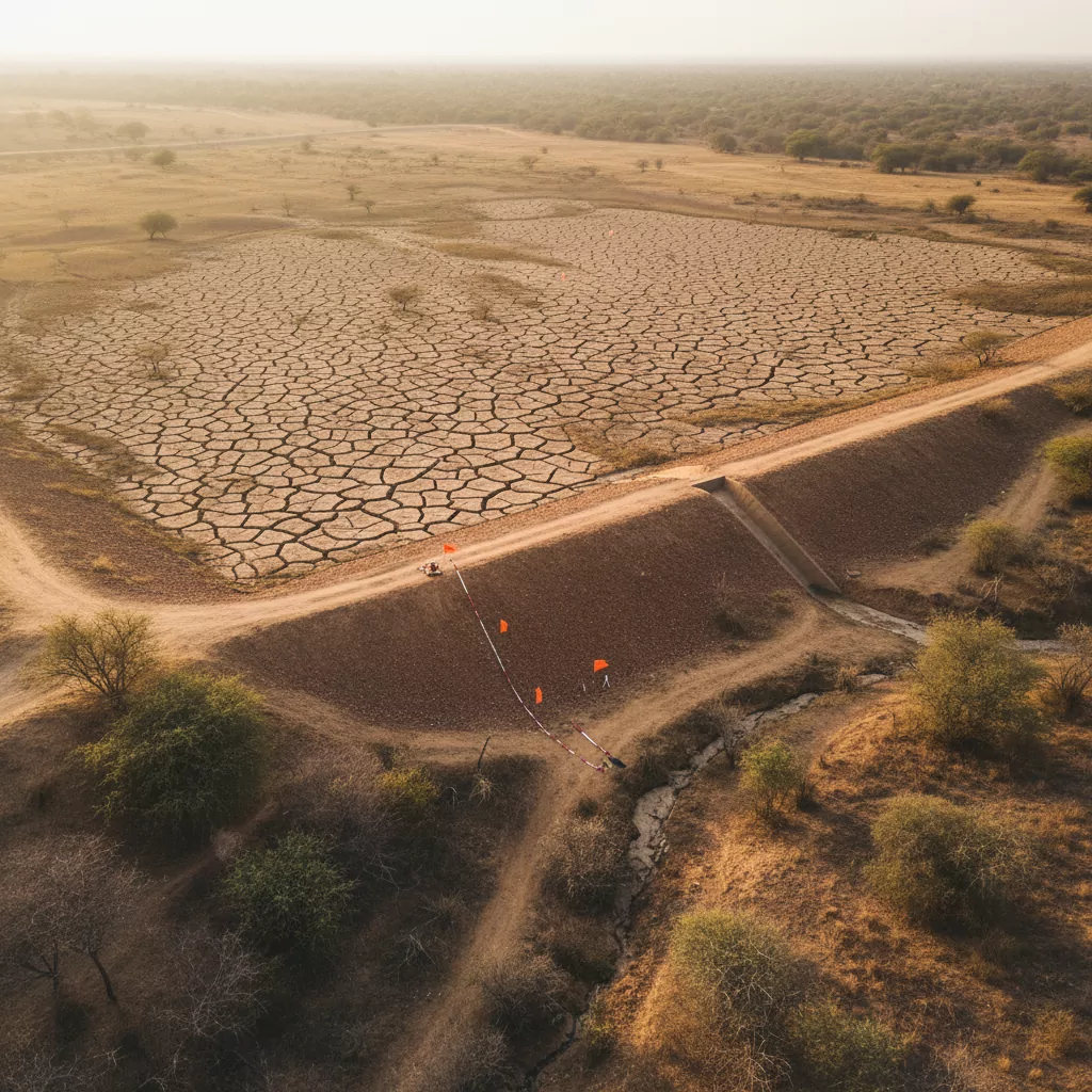 Aerial view of an earthen check-dam in a semi-arid Indian micro-watershed with ground-survey markers